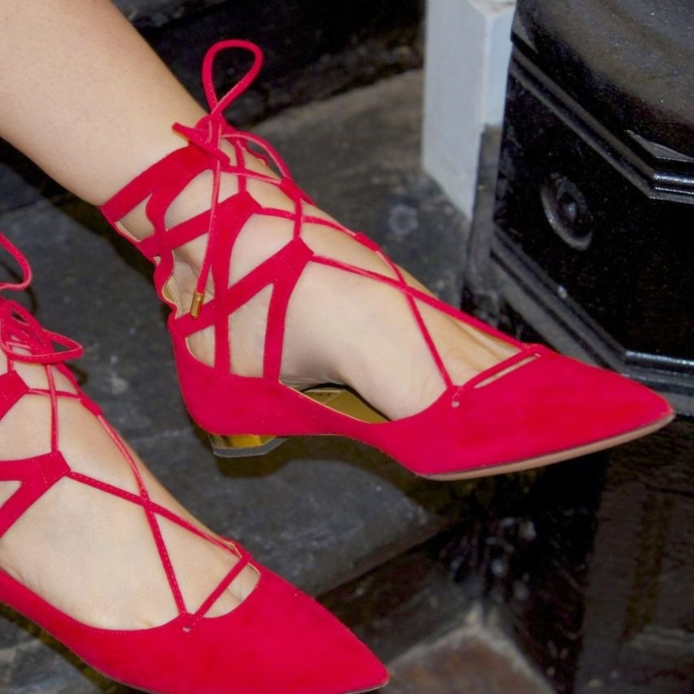 AQUAZZURA Belgravia Lattice Red Suede Flats 36.5